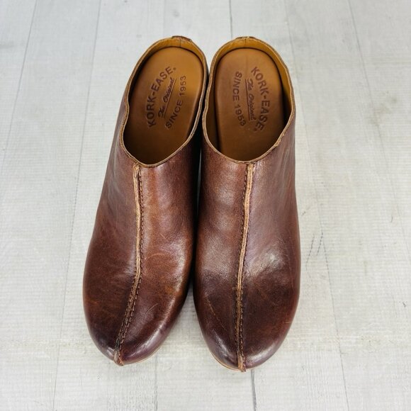 Kork-Ease Original SAGANO Rum Brown Leather Wrapped Block Heel Mules Clog Sz 9 M - Picture 10 of 16
